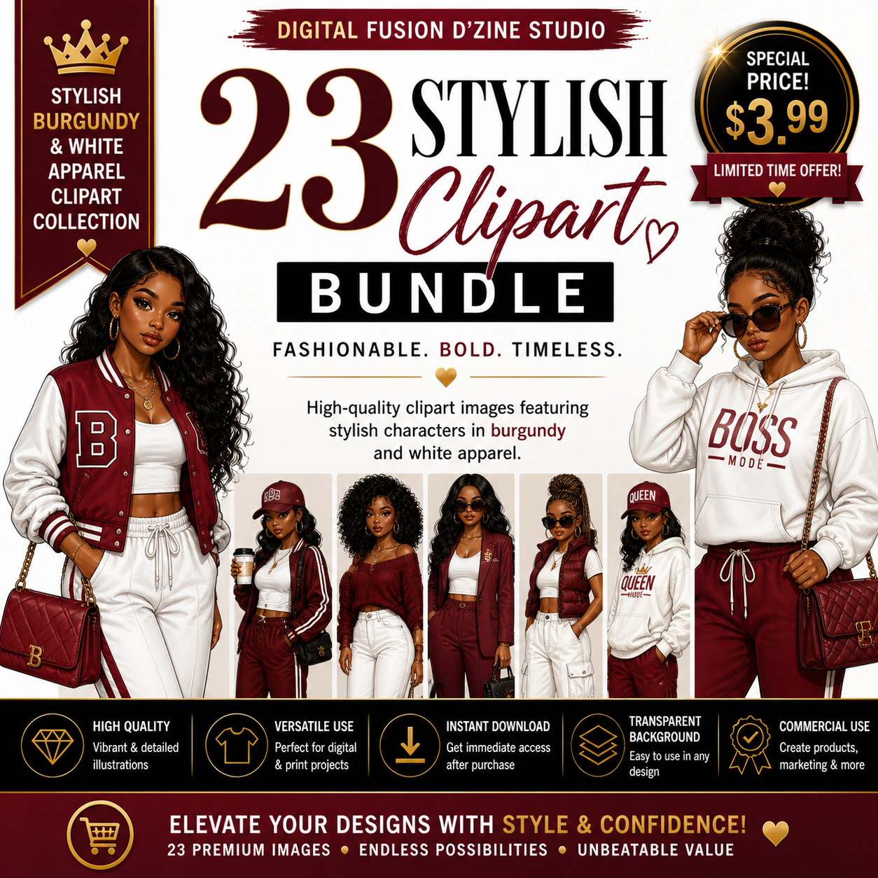23 Digital Clipart Images Bundle - Burgundy and White Apparel