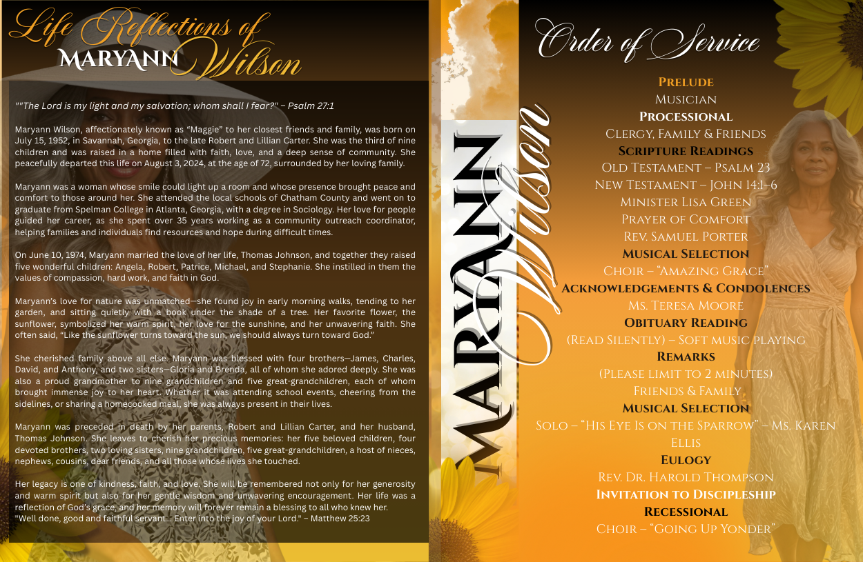 Editable Sunflower Obituary Canva Template – Custom Memorial Design, PLR License Included