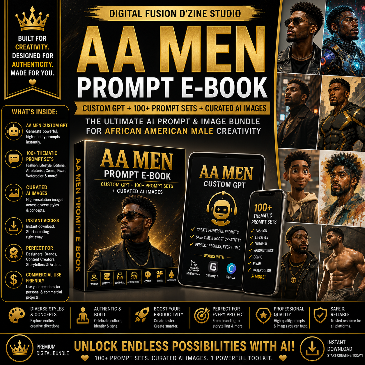 AA Men Prompt E-Book + Custom GPT & 400+ Images | African American AI Art Toolkit
