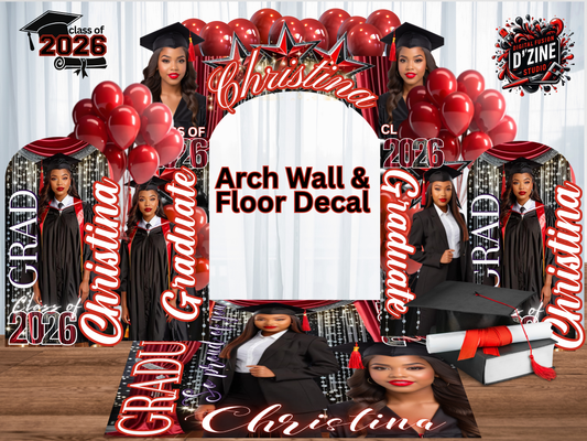 Editable Graduation Canva Template with PLR – Red Arch Wall & Floor Decal for Class of 2026