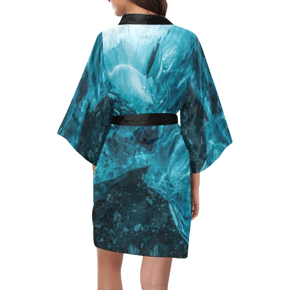 Ocean Blue Robe Black Kimono Robe